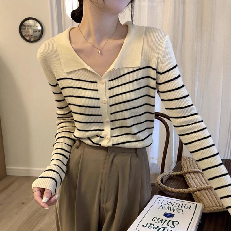PO Neck Striped Sweater Early Spring New Women's Clothing Slim-fitting Base with Knitted Cardigan Jacket Top