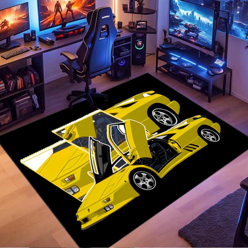 Yellow Classic Supercar Scissor‑Door Comic Print Area Rug Non‑Slip Rectangular Floor Mat Tuning Auto Decor for Gaming Bedroom Living Room
