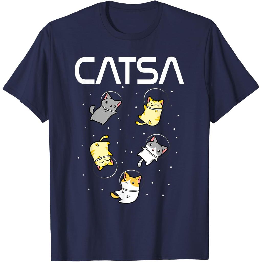 Catsa Космический Кот Графическая Футболка Смешной Принт для Любителей Космоса Футболка с Круглым Вырезом