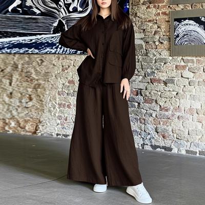 Новый свободный однотонный комплект из рубашки с длинным рукавом и повседневных широких брюк в ретро-стиле, комплект из двух предметов