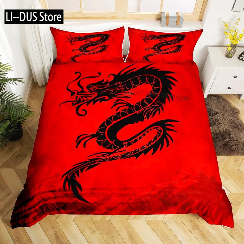Comforter Dragon King Size Kids Mythical Animal Bedding Set Microfiber 2/3Pcs Set For Girls Women Black Gold Decor