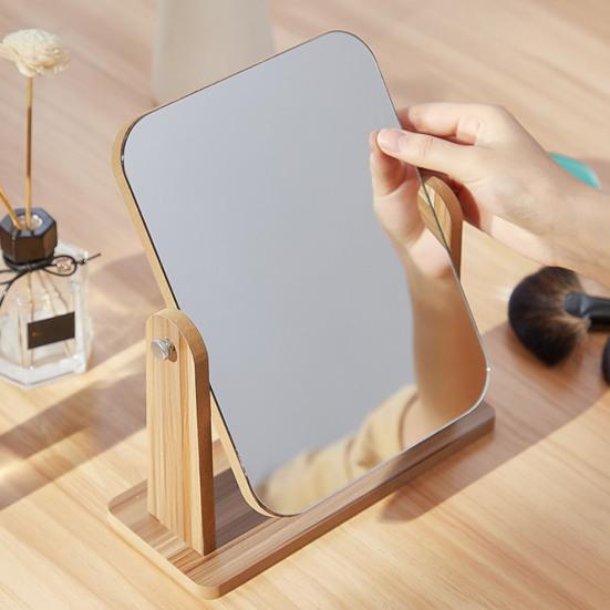 360 Degrees Rotatable Makeup Mirror with Wooden Base High Clarity Men Women Desktop Vanity Mirror Portable Travel Rectangle Cosmetic Mirror