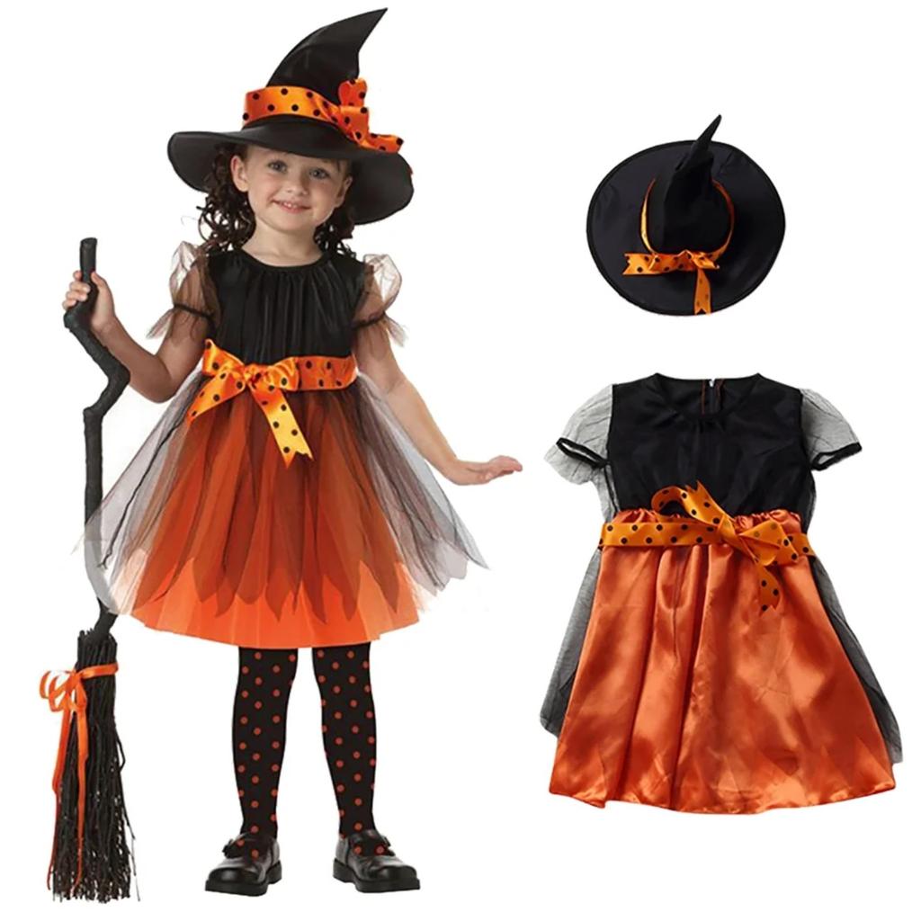 Halloween Girls Dress Printed Dress Witch Role Play Cosplay Costume Masquerade Costume With Hat