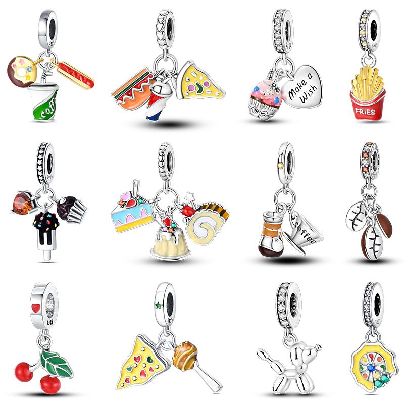 Real 925 Sterling Silver Chocolate Pizza Cake Fries Food Charms Beads Fit 925 Original Bracelets DIY Cute Jewelry Gifts