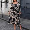 Women's Dress Plus Size Printed Lantern Sleeve Waist Cinching Dresses