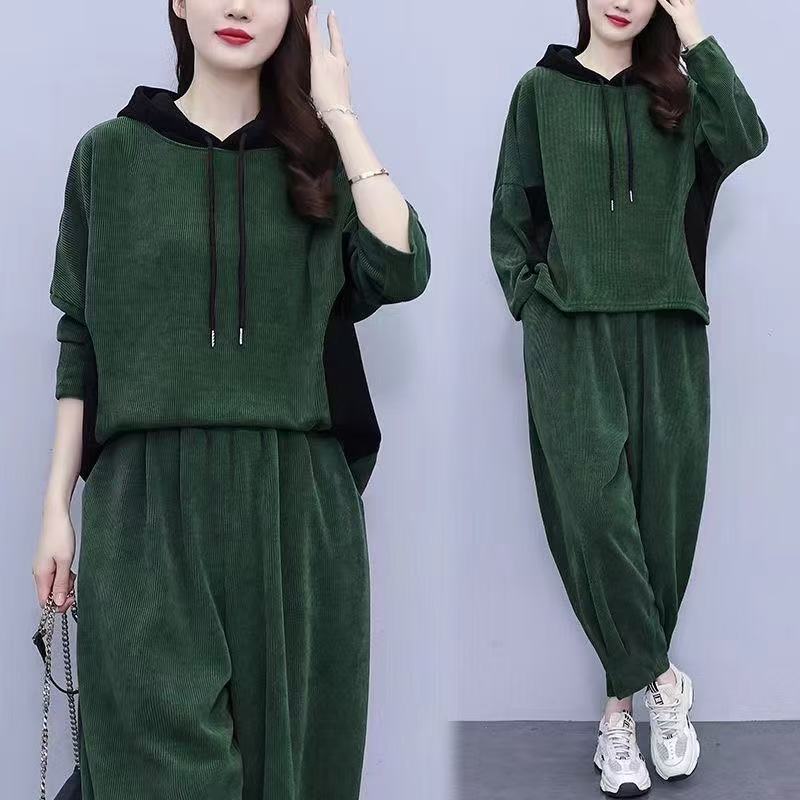 Повседневный модный костюм с капюшоном большого размера, осенний вельветовый костюм большого размера для полной мамы, облегающий повседневный костюм-двойка
