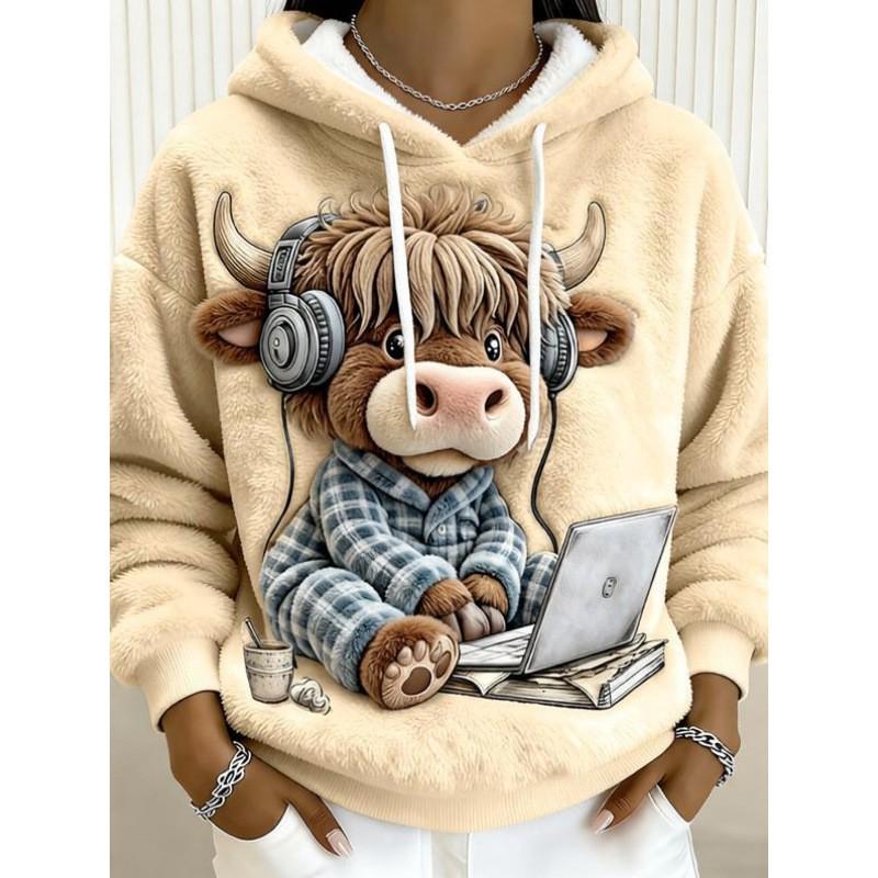 Womens Flannel Hooded Sweatshirt With 3D Dog Print - Cozy Casual Long Sleeve Top Winter