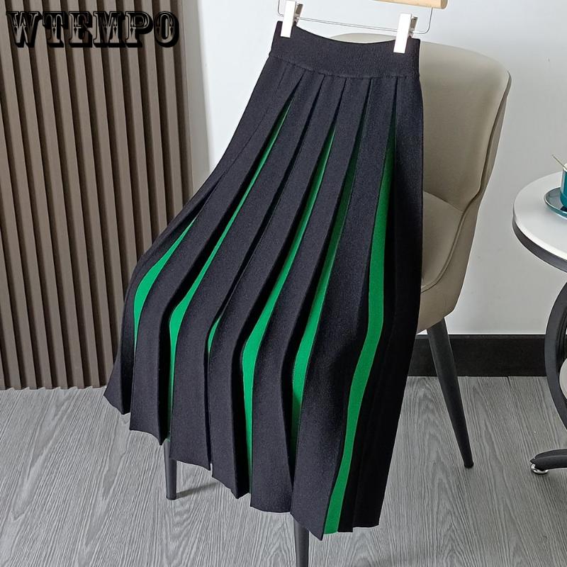 2023 Женская вязаная юбка до половины тела, женская темпераментная высокая талия, цвет по буквам, длинная плиссированная юбка с абзацем