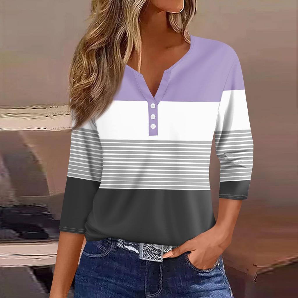 Women's T Shirt Print Button 3/4 Sleeve Daily Weekend Fashion Basic V- Neck Regular Top