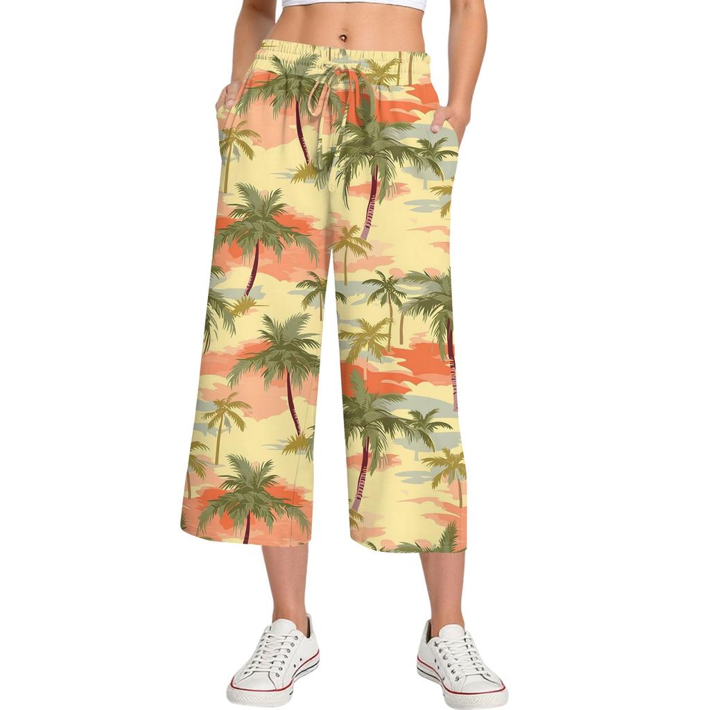 Женские летние повседневные спортивные брюки с высокой талией и принтом, укороченные брюки свободного покроя