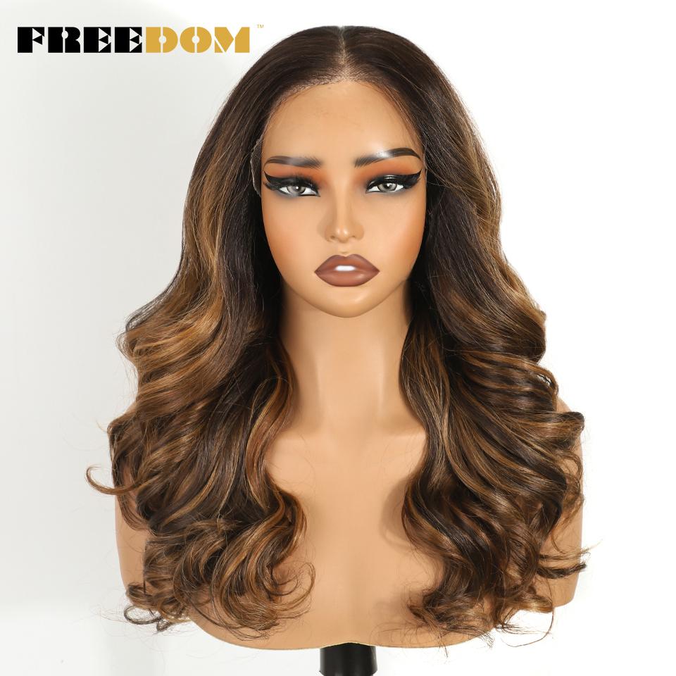 FREEDOM Body Wave Synthetic Lace Front Wigs For Women 9x6 Free Part Pre Plucked Lace Wig 20 inch Pre-cut Ombre Brown Blonde Wigs