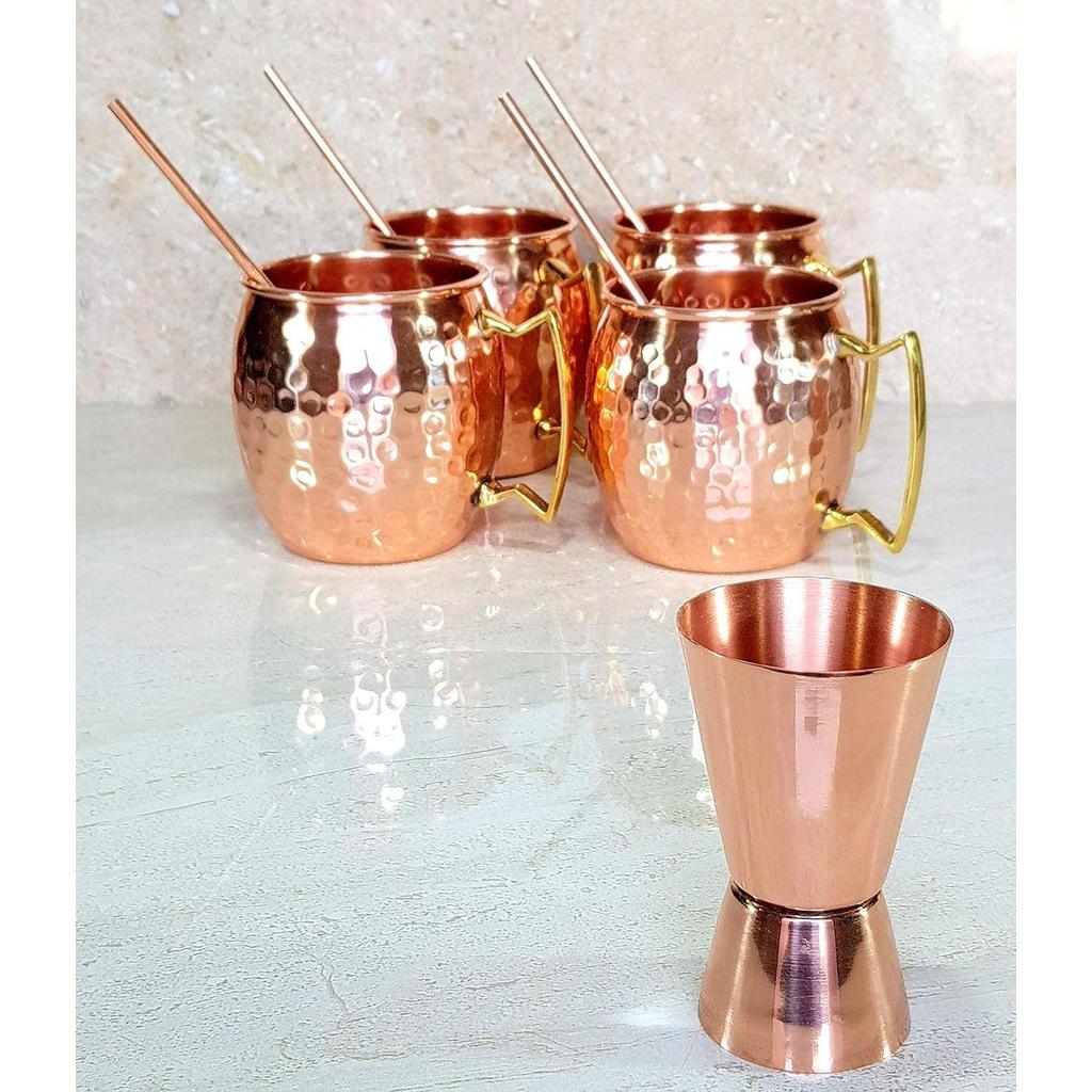 Moscow Mule Cocktail Copper Mugs - Set of 4 Mugs, 4 Copper Straws, and a Peg Measurer (Mules Hammered with Modern Handle)