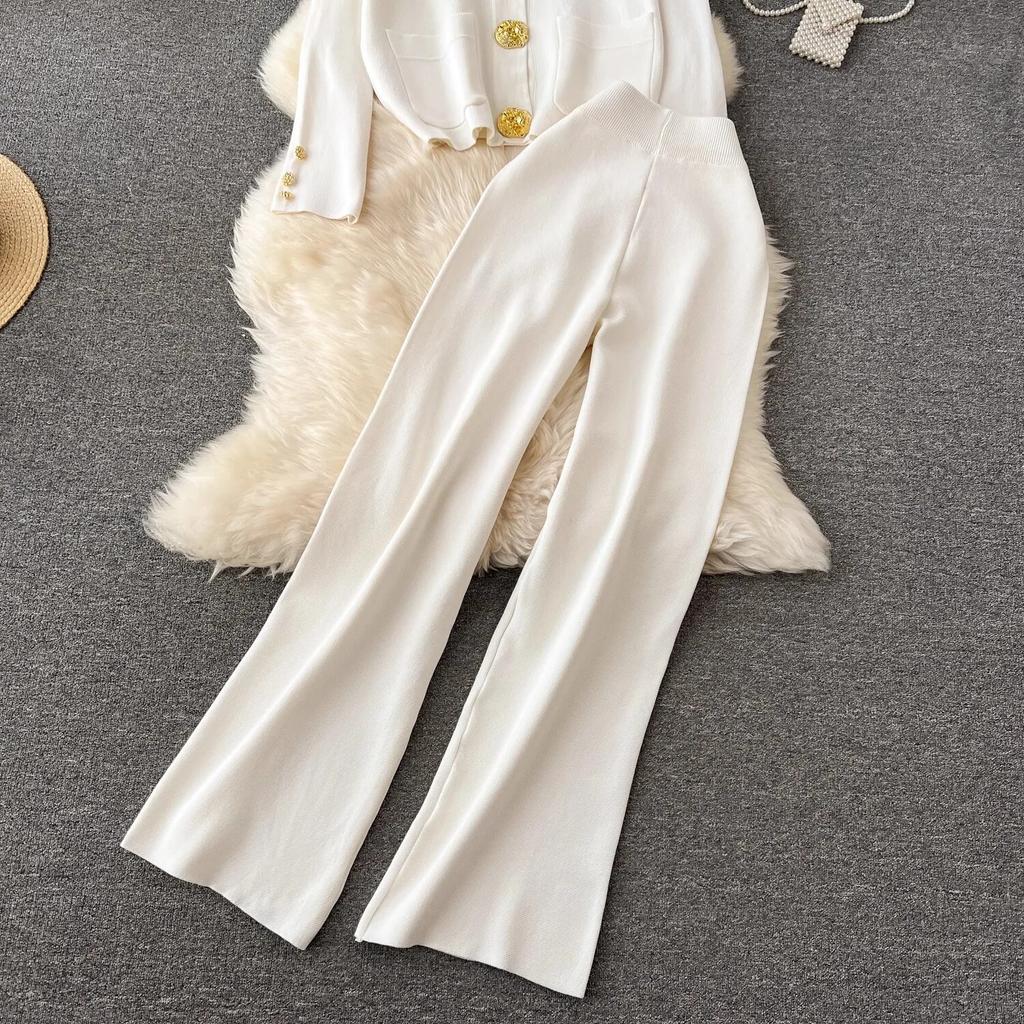 Осень-зима, кардиган с золотыми пуговицами и V-образным вырезом, карманы, вязаные свитера + широкие брюки, спортивные костюмы, длинный комплект из двух предметов