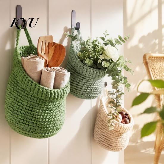 Decorative Storage for Cosmetics 3PCS Woven Wall Hanging Bag, Natural Cotton Rope Fruit Baskets, Small Sundries Holder Entrance Boho Multi-functional
