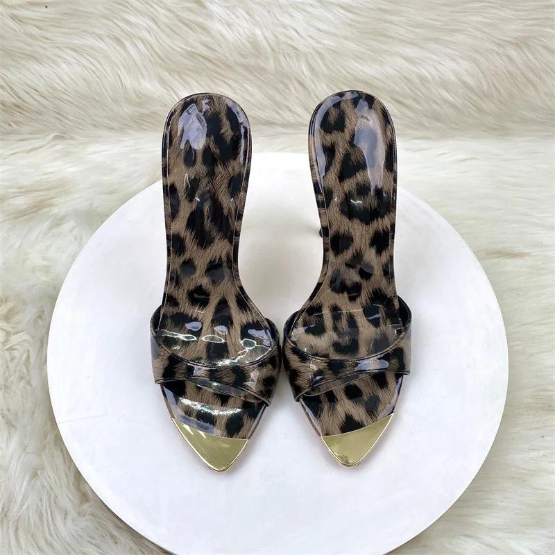 Новые дизайнерские женские туфли на высоком каблуке с открытым носком из металла 12 см, летние босоножки с леопардовым принтом, туфли на шпильке, размер 46