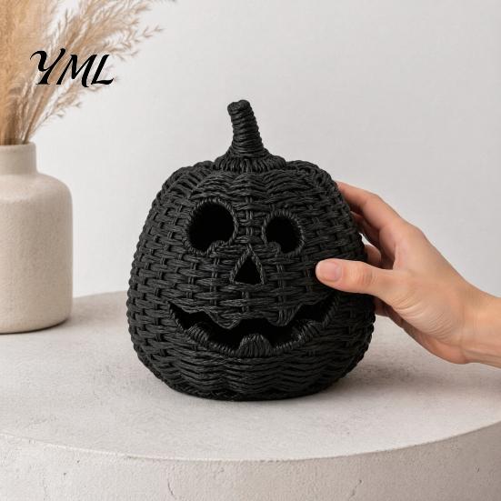 Handmade Woven Texture Craft Faux Rattan Halloween Pumpkin Figurine, Black Resin Statue with Witch Fall Holiday Window Display Hat, Rustic Wicker