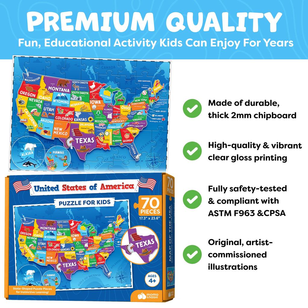 Momo Nashi America Puzzle for Kids Ages Educational Toy for Boys and Girls US Map Kids Puzzle with 50 States and Capitals Floor Jigsaw Puzzle for Kids