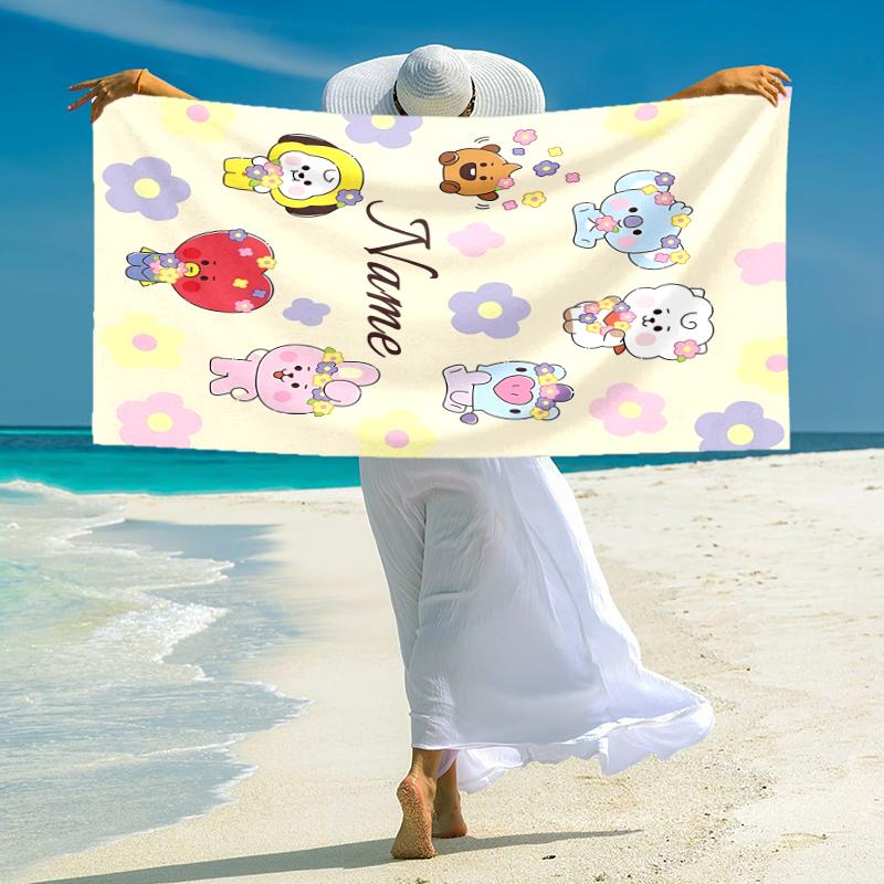 Personalized BT21 Character Collection Beach Towel Microfiber Beach Towel Thin Absorbent for Beach Swimming Yoga Bath Sports. 091045