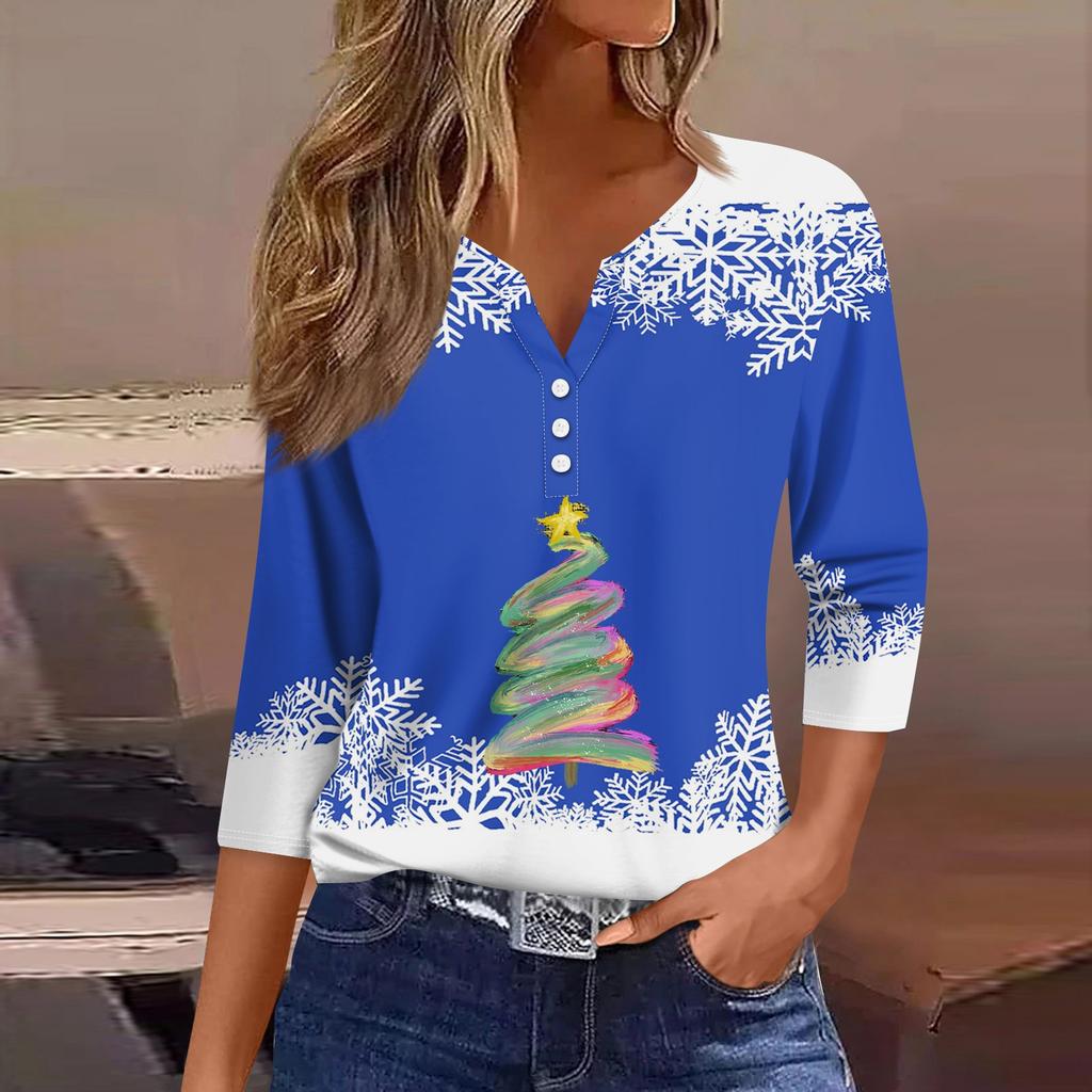 Жен. Футболка Футболка С принтом Пуговицы Рукав 3/4 Повседневные Выходные Мода Классический Классический V-образный вырез Обычный Верх