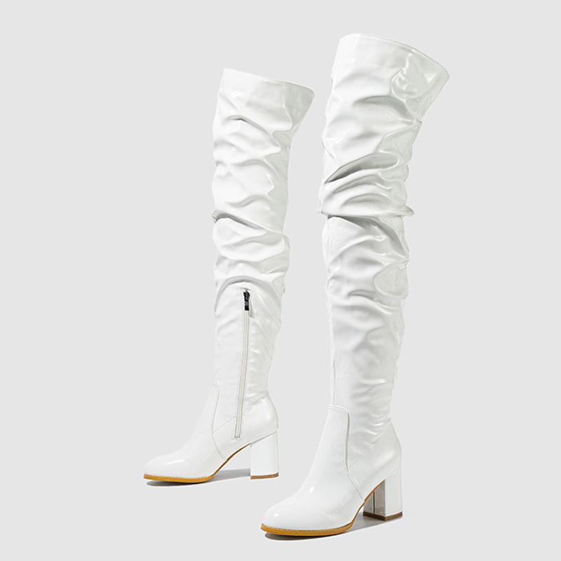 Мода Liyke Мода Круглый Носок Мотоциклетные Ботфорты Женские Красные Плиссированные Лакированная Кожа Сапоги Выше Колена Молния Осень Зима Каблуки