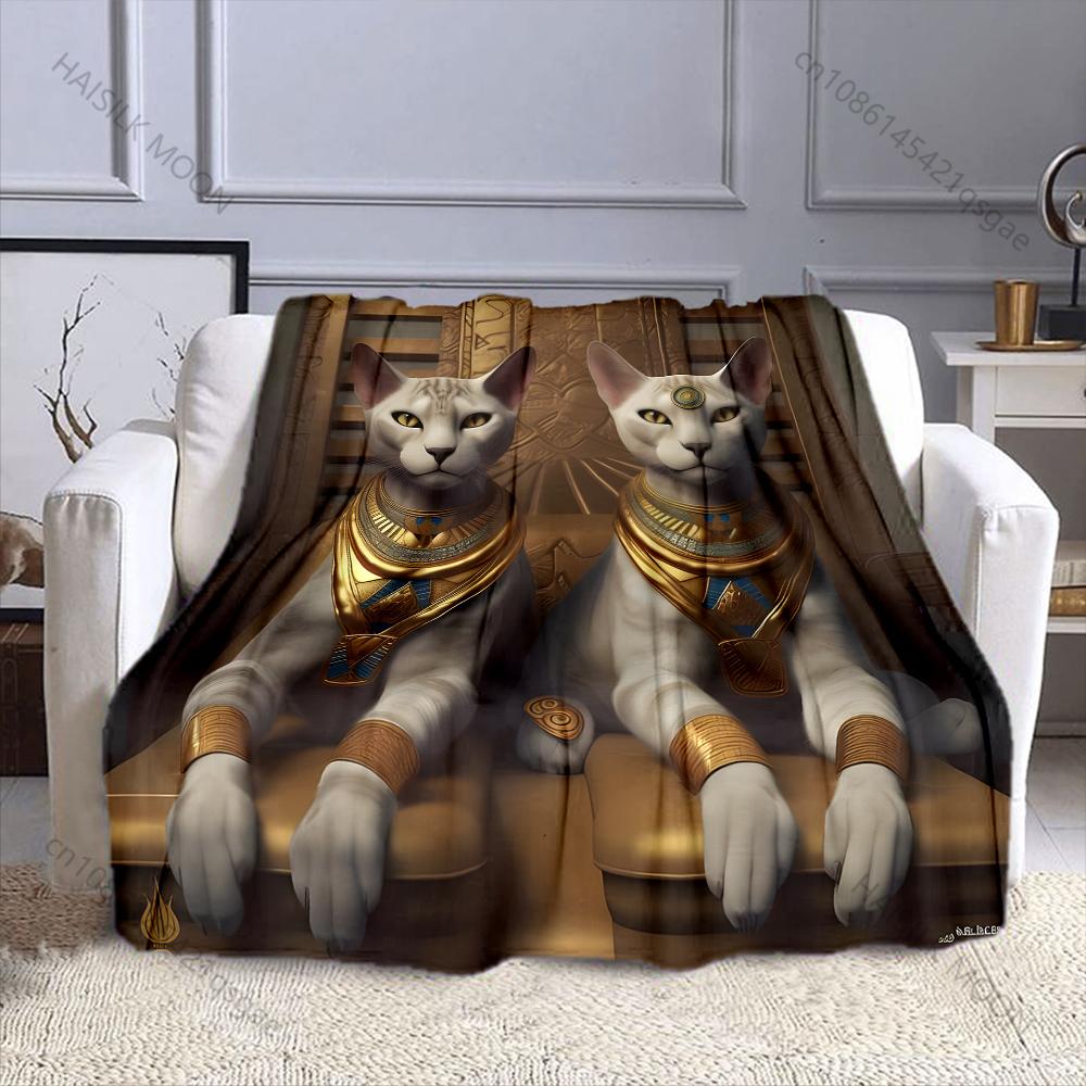 1PC Egyptian themed Cat Statues Pattern Blanket Flannel Material Soft Warm for All Seasons, Home Outdoor Camping Picnics RV