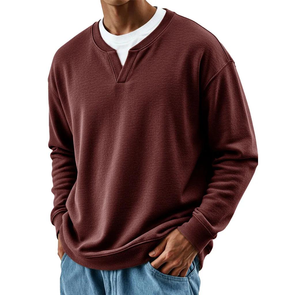 Мужская мода Однотонный Круглый вырез Длинный рукав Повседневная мода Универсальный Длинный рукав Свободная футболка Топ