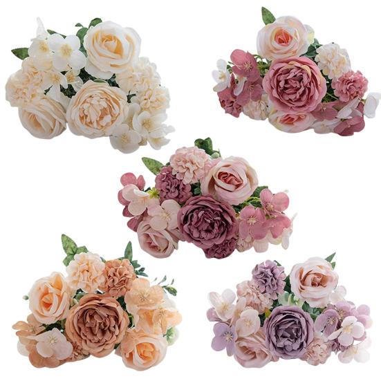 Artificial Rose Bouquet Realistic Fake Silk Flower With Green Leaves Home Wedding