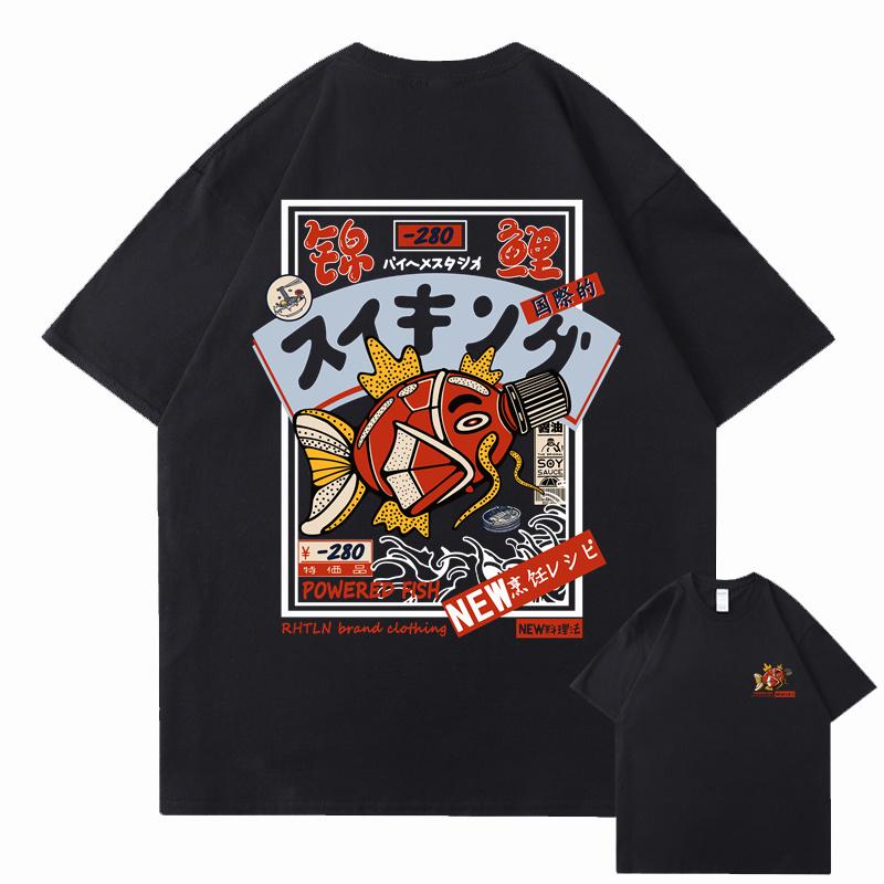Hip-Hop Streetwear Harajuku T-Shirt Japanese Kanji Fish Print T-Shirt 2025 Manjin Katada Casual Korte Mouw Japanese Style