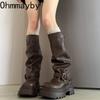 Autumn Winter Vintage Thick Bottom Woman Knight Boots Fashion Belt Buckle Shoes Female Height Increase Slip On Long Booties