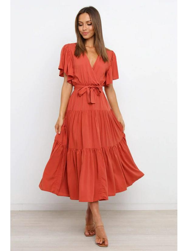 Богемное платье с V-образным вырезом, принтом, короткими рукавами и приталенным силуэтом, длинное, в наличии