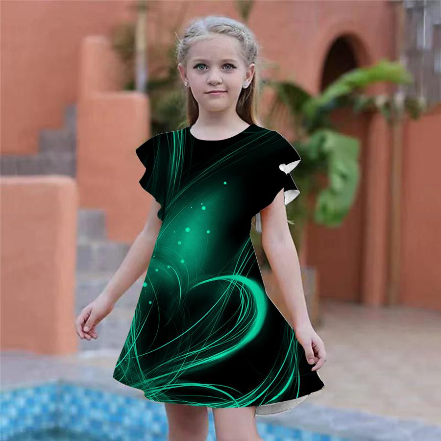 Girls Love Lines Print Dresses Kids Girl Party Dress Loose Fitting Loose Fitting Short Sleeved Skirt For Girls Over Four Years Old
