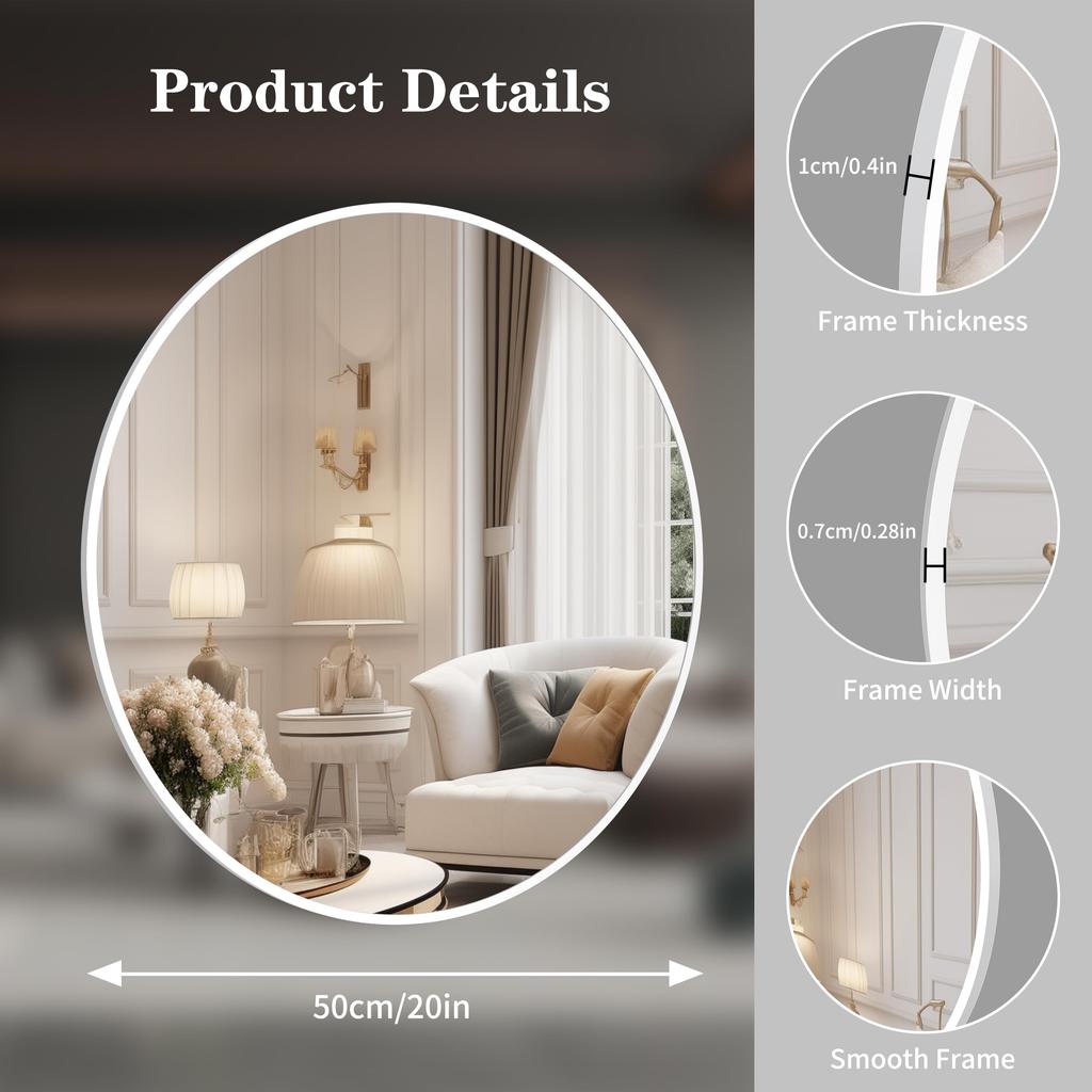 ANYHI 50 см белое круглое зеркало, настенное зеркало, зеркало для ванной комнаты, круглое настенное зеркало, подходит для ванных комнат, спален и прихожих