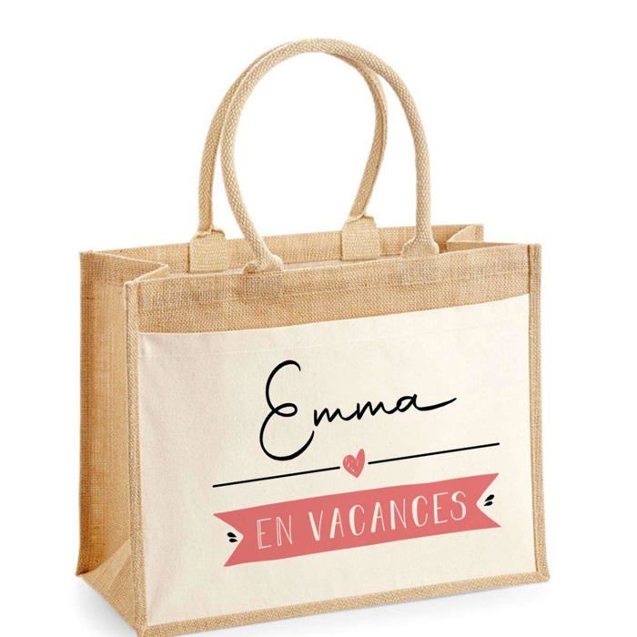 Sac de plage - PLANETEE - jute avec poche Emma en Vacances - Coton imprimé France - 43 x 33 cm - Anses bandoulière