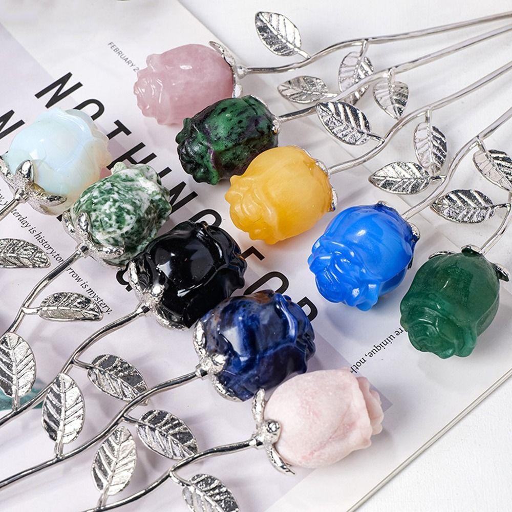 Hand Carved Natural Crystal Crafts Multicolor Romantic Rose Quartz Flowers Statue Decorative Crystal Rose Flower Home Decoration