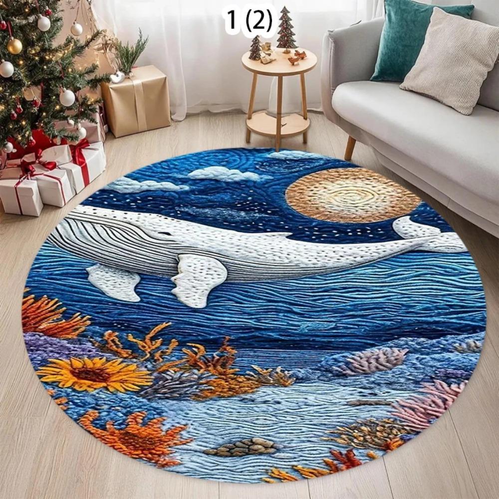 Coastal Ocean Wave Seagull Round Rug, Non-Slip Soft Teal Area Rug, Nordic Living Room Bedroom Floor Mat, Artistic Home Decor