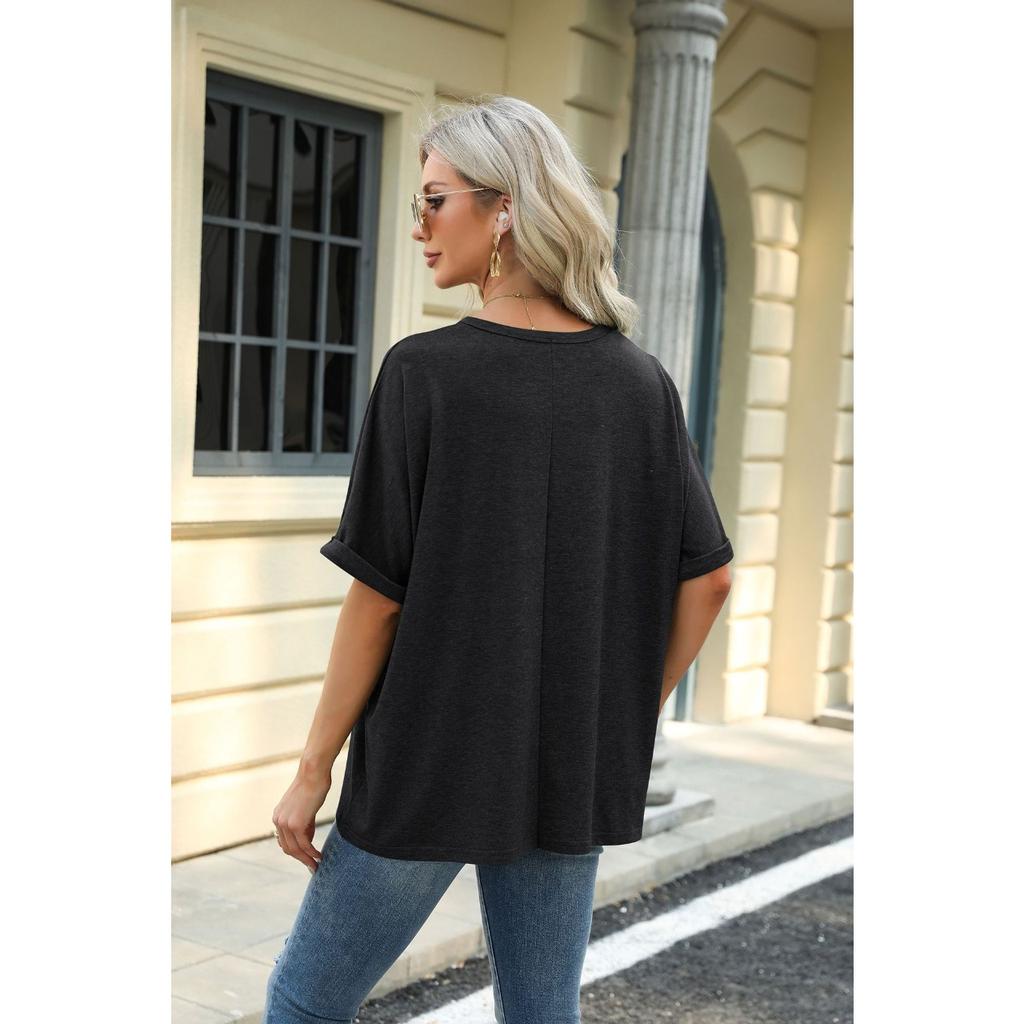 GMXIA Весенне-летняя однотонная футболка с круглым вырезом, свободного кроя, с короткими рукавами для женщин