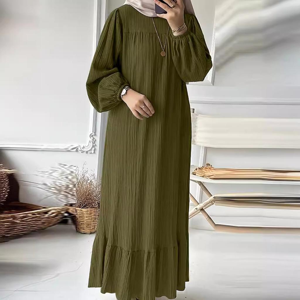 Spring and Autumn Women's Fashion Long Sleeve Vintage Solid Colour Ruffle Hem Long Dresses