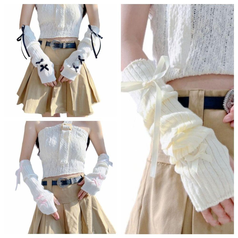 Y2K Long Wrist Gloves Ballet Style Arm Warmers Soft Knitted Bow Arm Sleeves  Girl Party