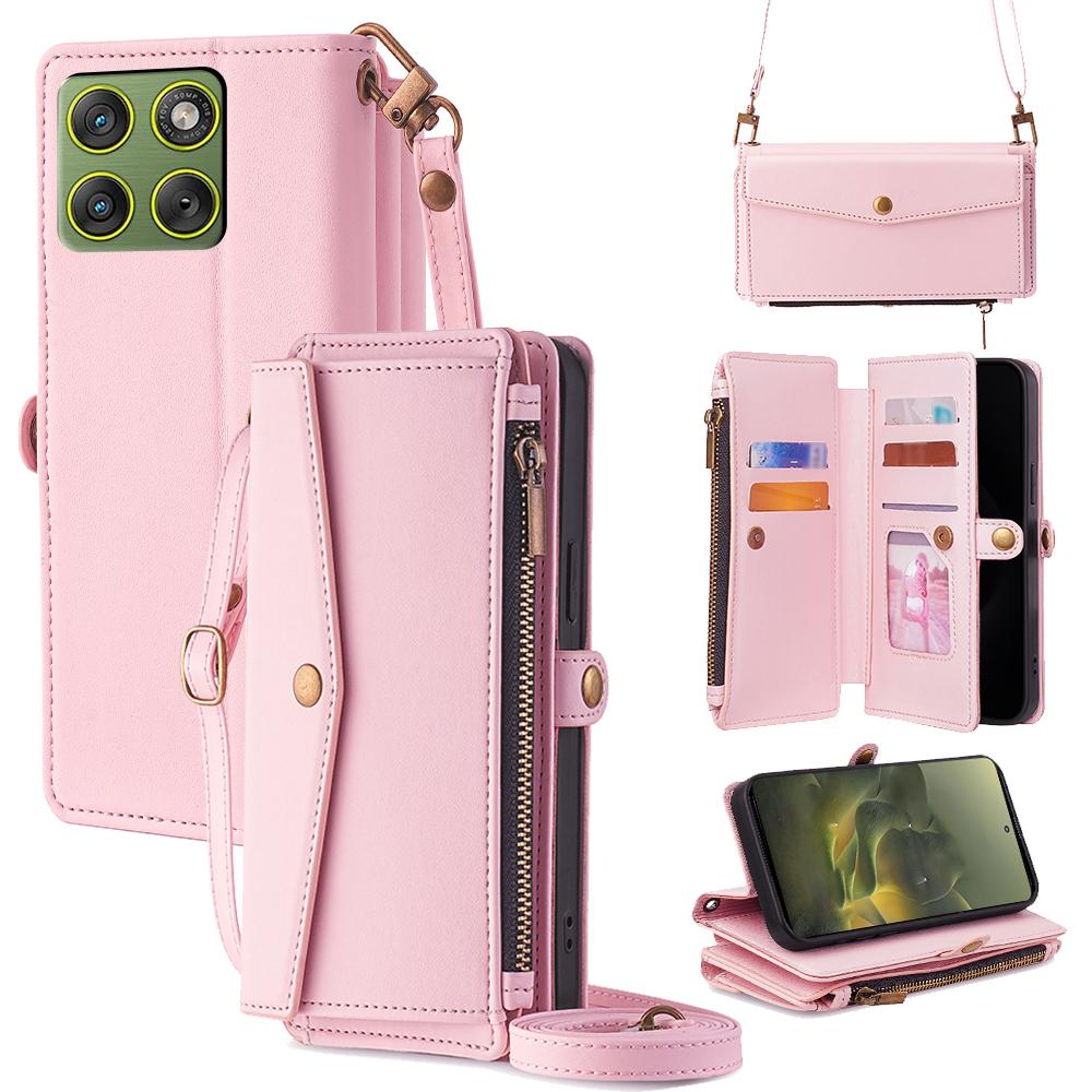 Чехол для Motorola Edge 70 5G с отделениями для карт, кошельком на молнии, из ПУ-кожи, с плечевым ремнем