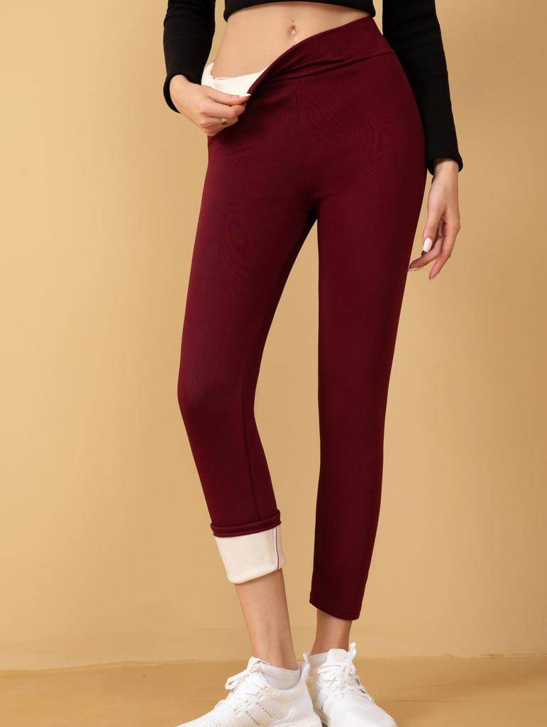 Plus Size Lamb Wool Pocket Leggings - Velvet Lined, Slim-Fit, Mid-Waist Warm Cuffed Pants