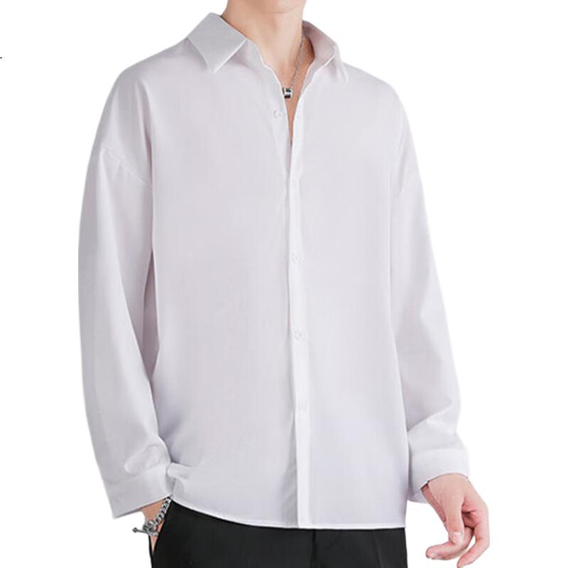 VANCAMEL Men's Long-Sleeve Shirt, Loose Casual Menswear Top, Korean-Style Solid Color Clothing, Black, 2XL