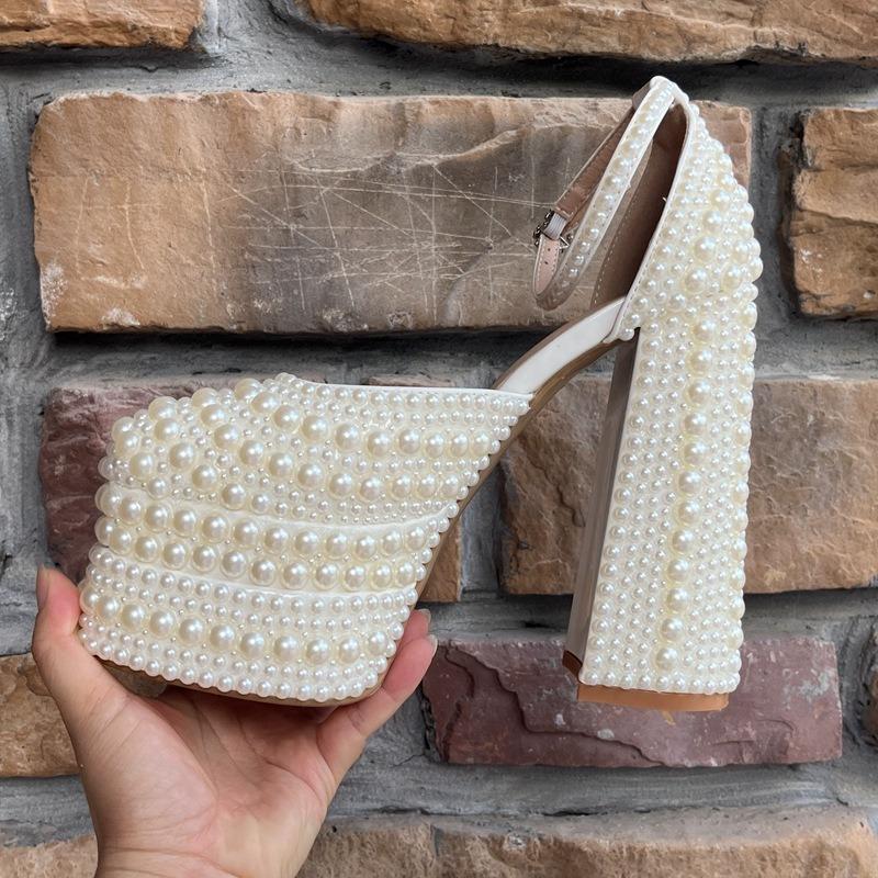 Модный бренд Ручная работа Инкрустированные жемчугом/стразами Сандалии Свадебные Туфельки для невесты Вечеринка Бант Ночной клуб Танцы на пилоне Высокий каблук Размер 42