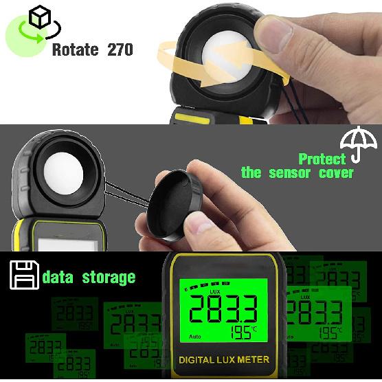 HP-881E Luxmeter Lumen Meter Handheld Light Calibrator with 270° Rotatable Detector, Measuring Range 0.1~300,000Lux
