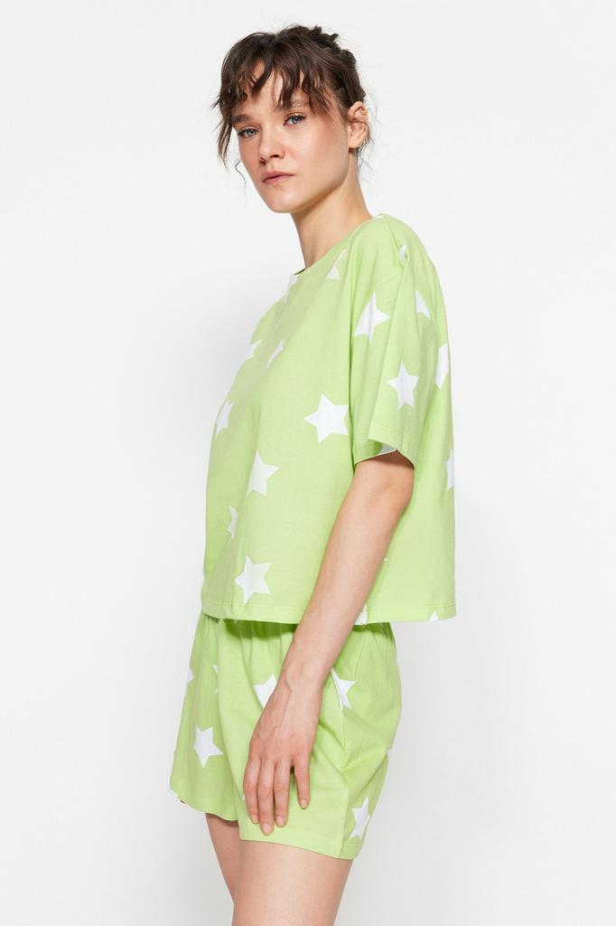 Women's Fashion New Pajama Set Light Pink 100% Cotton Star Patterned Tshirt-Shorts Knitted Pajama Set