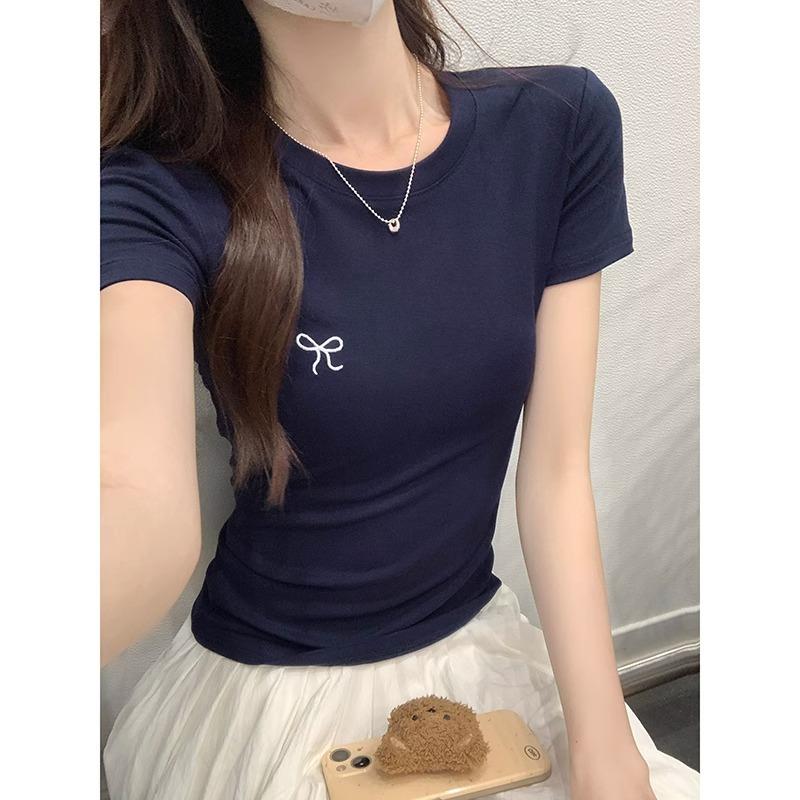 Right Shoulder Short-sleeved T-shirt for Women Summer New Style Bow Round Neck Fashionable Embroidered Slim Bottoming Shirt Hot Girl Fashionable Top