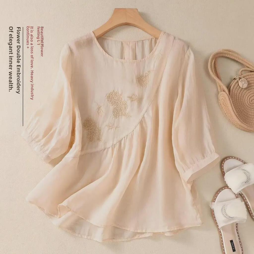 Summer Retro Embroidered Cotton-Linen T-Shirt: Solid Color, Loose Fit, Round Neck