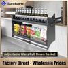 Adjustable Glass Pull Down Kitchen Basket Space Saving Organizer for Cabinets Modern Kitchen Glass Pull Down Shelving