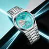 Men Automatic Mechanical Watch Tiffany Blue Hollow Dial Skeleton Stainless Steel Bracelet Luminous Hands Wateproof