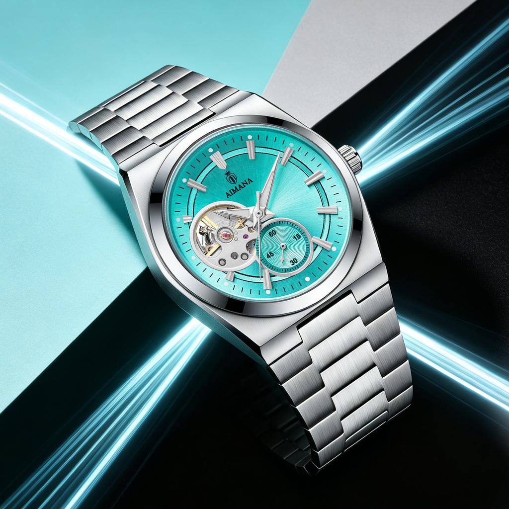 Men Automatic Mechanical Watch Tiffany Blue Hollow Dial Skeleton Stainless Steel Bracelet Luminous Hands Wateproof