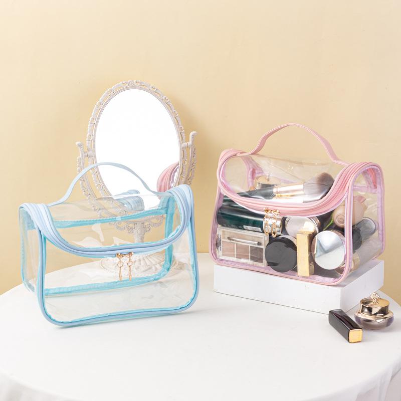 Transparent Mesh Cosmetic Bag Women Makeup Bag Double Zipper PVC Waterproof Makeup Pouch Toilet Wash Bag Large Tote Handbag